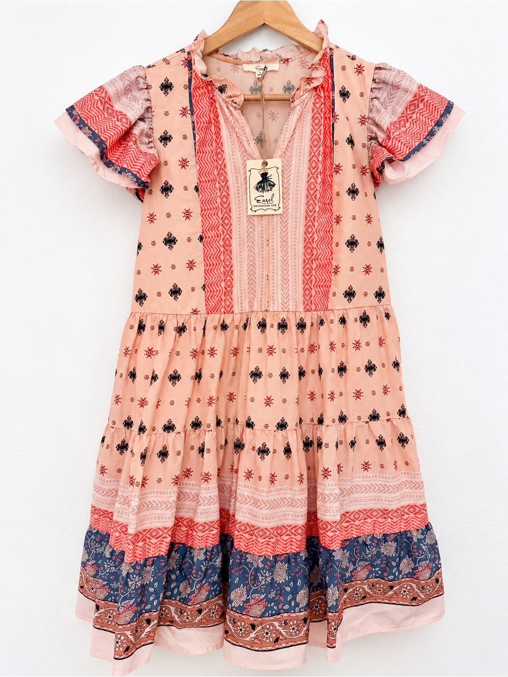 Easel Peach Multi-Pattern Tiered Midi Skirt